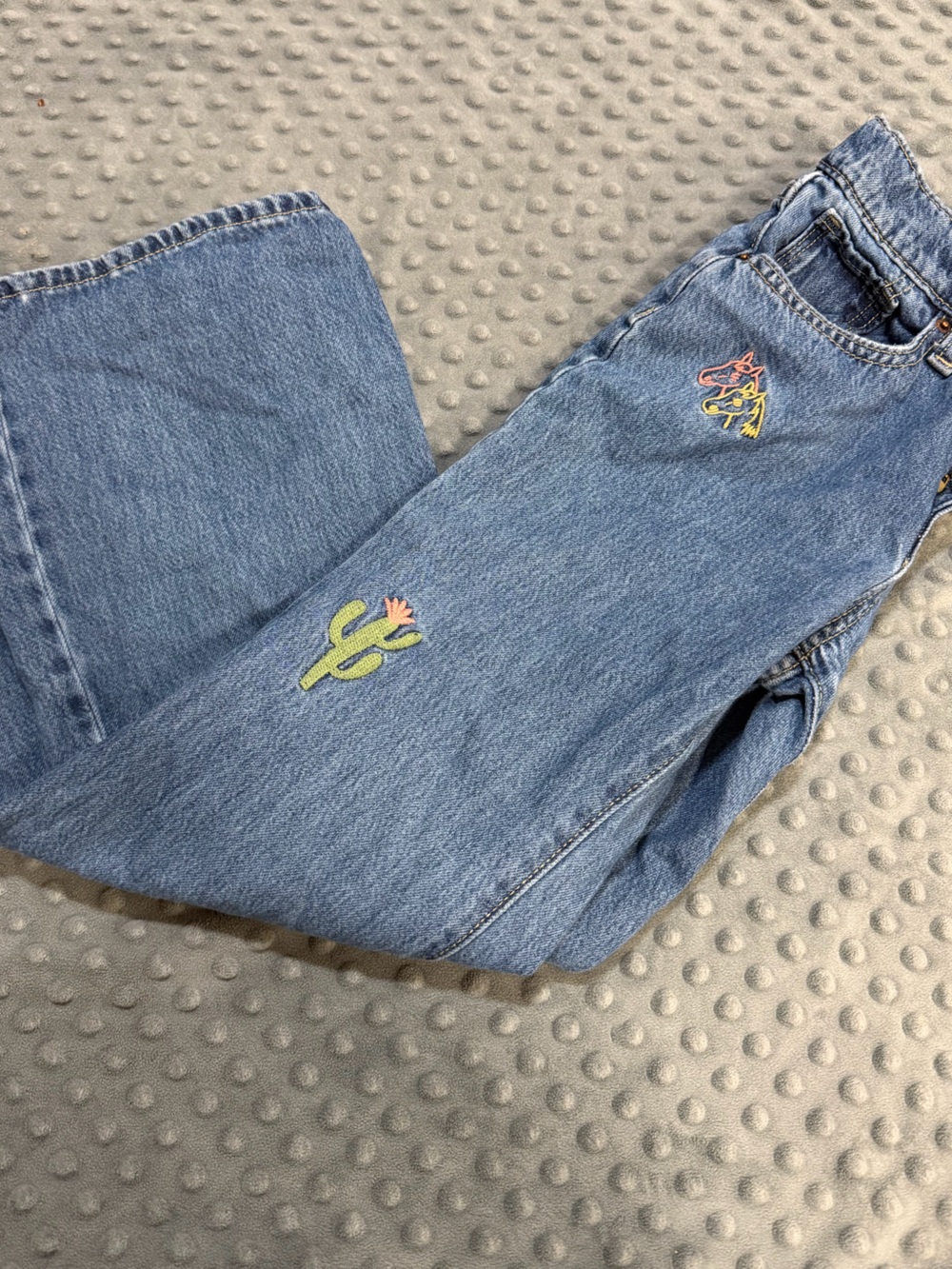 Old Navy Blue Baggy Flare-Leg Jeans with Cactus & Floral Embroidery